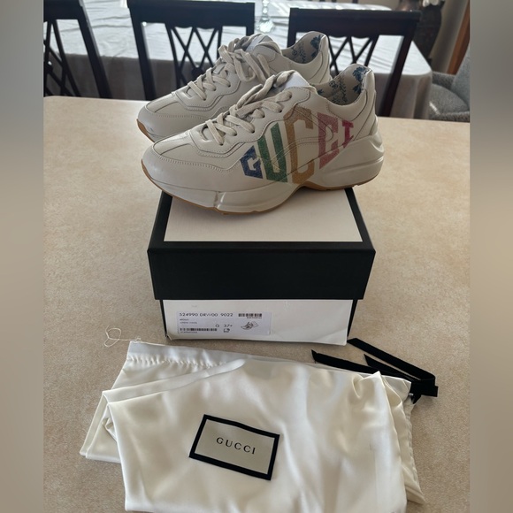 Gucci Shoes - Gucci Cream Sneakers with Colorful Logo